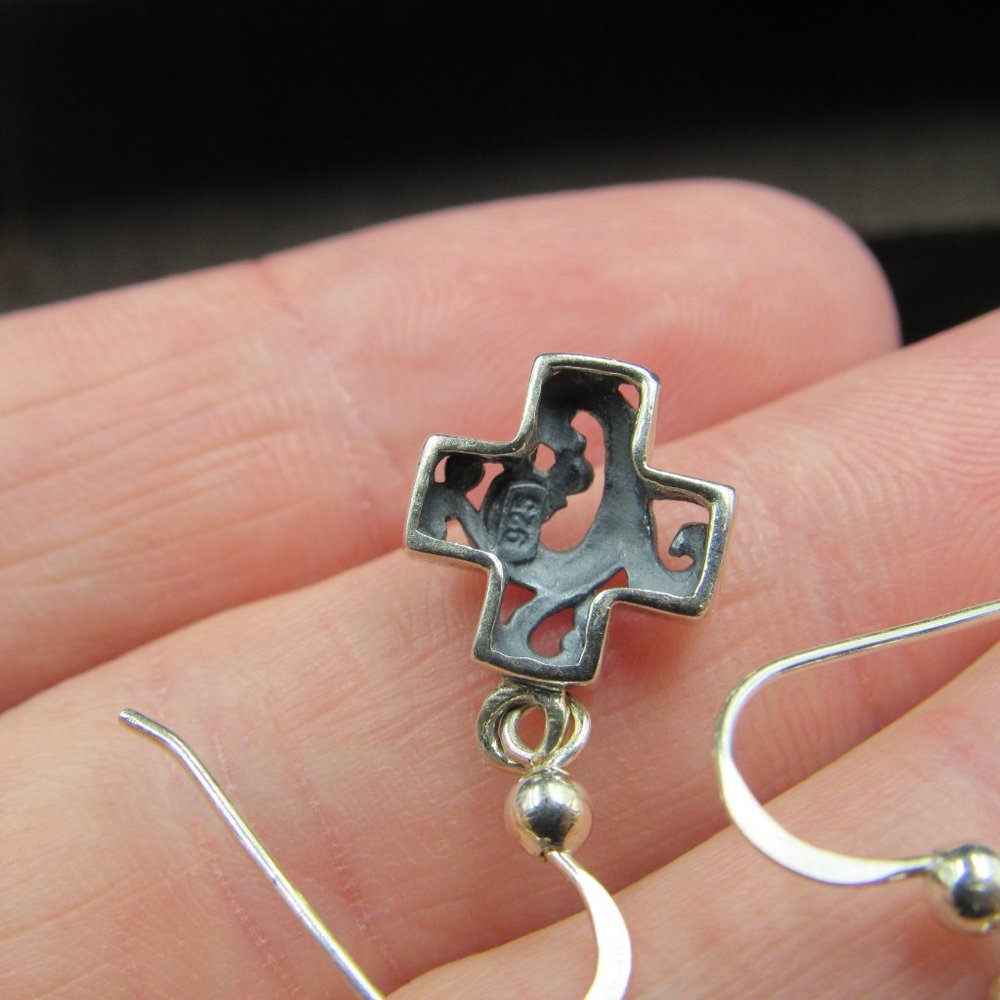 Sterling Silver Ornate Cutout Plus Shape Dangle Earrings Vintage - Picture 4 of 6